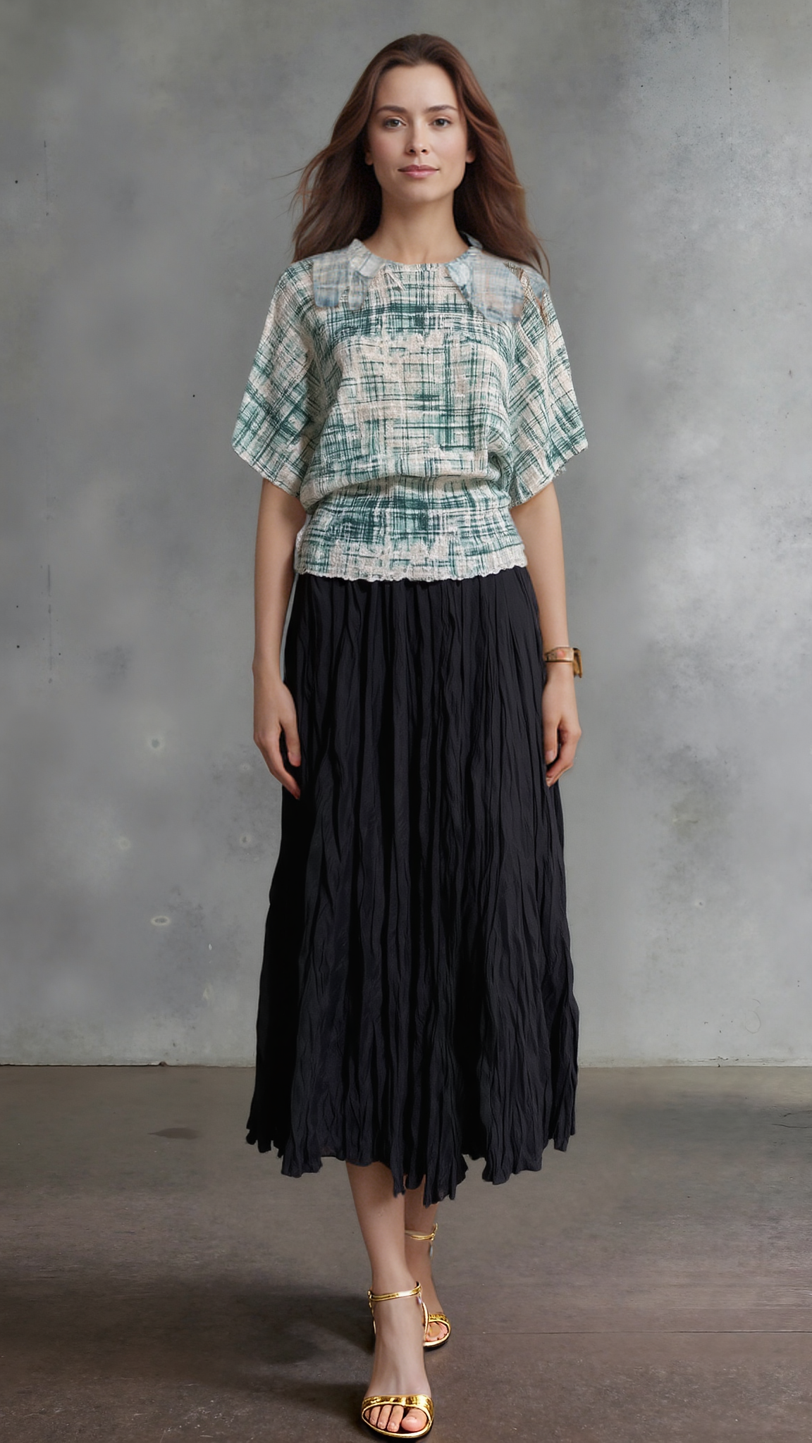 Pleating short Sleeves Top- Urban Grid (Grey)