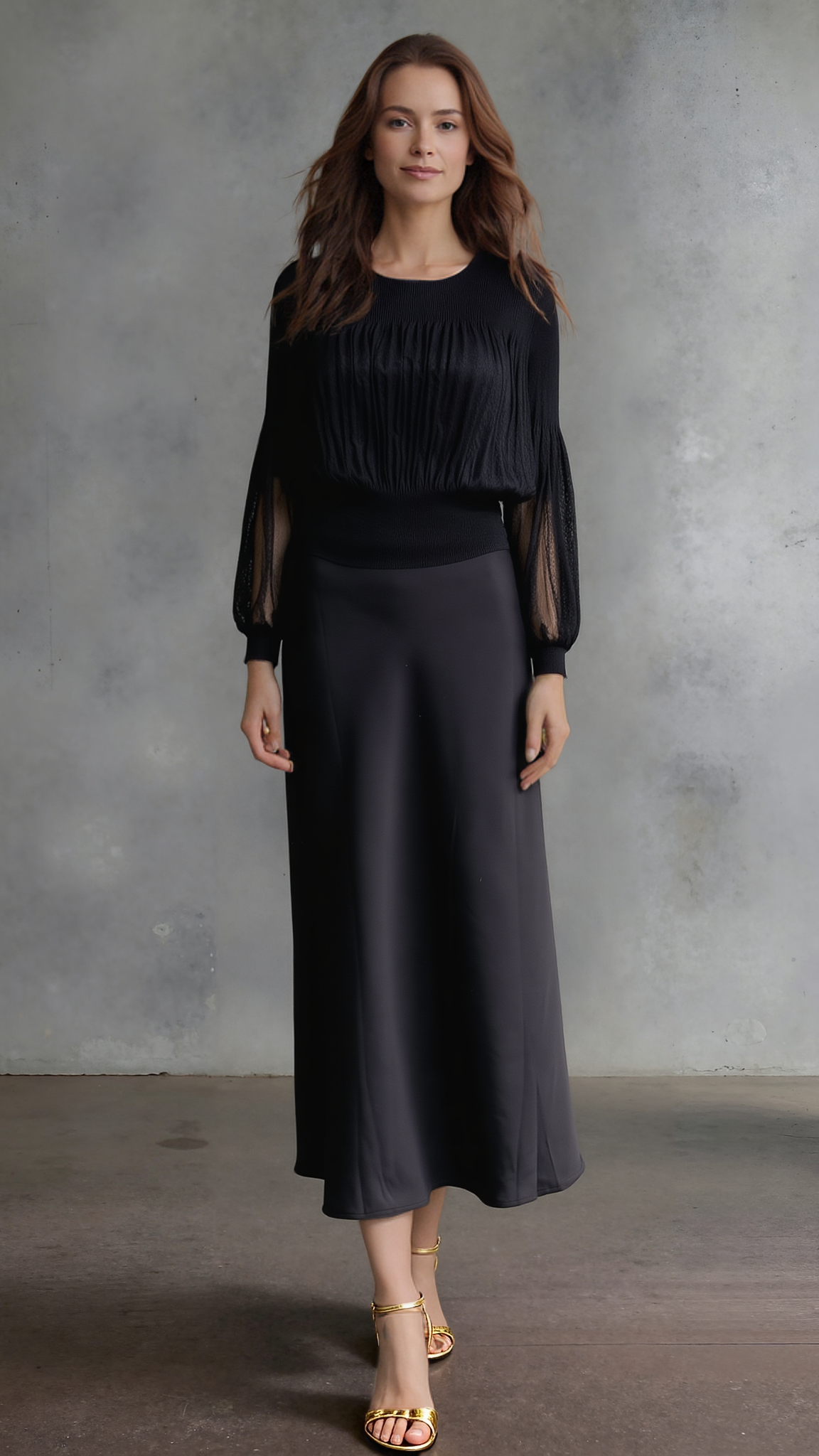 Pleating Long Sleeves Top- Chiffon Flow (Black)