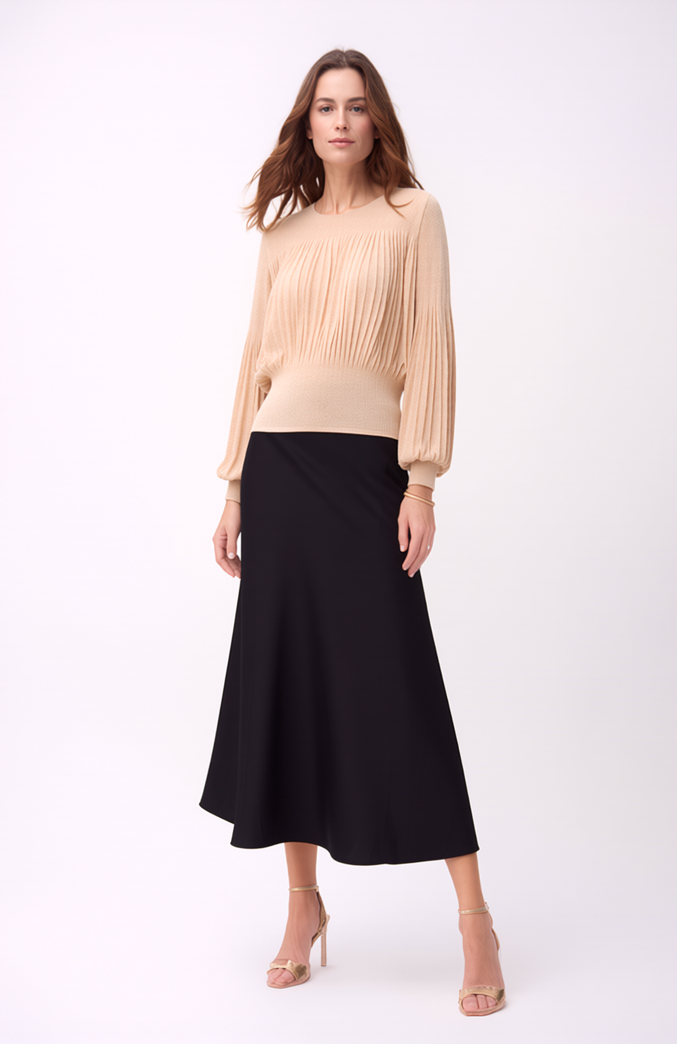 Pleating Long Sleeves Top- Chiffon Flow (Almond)