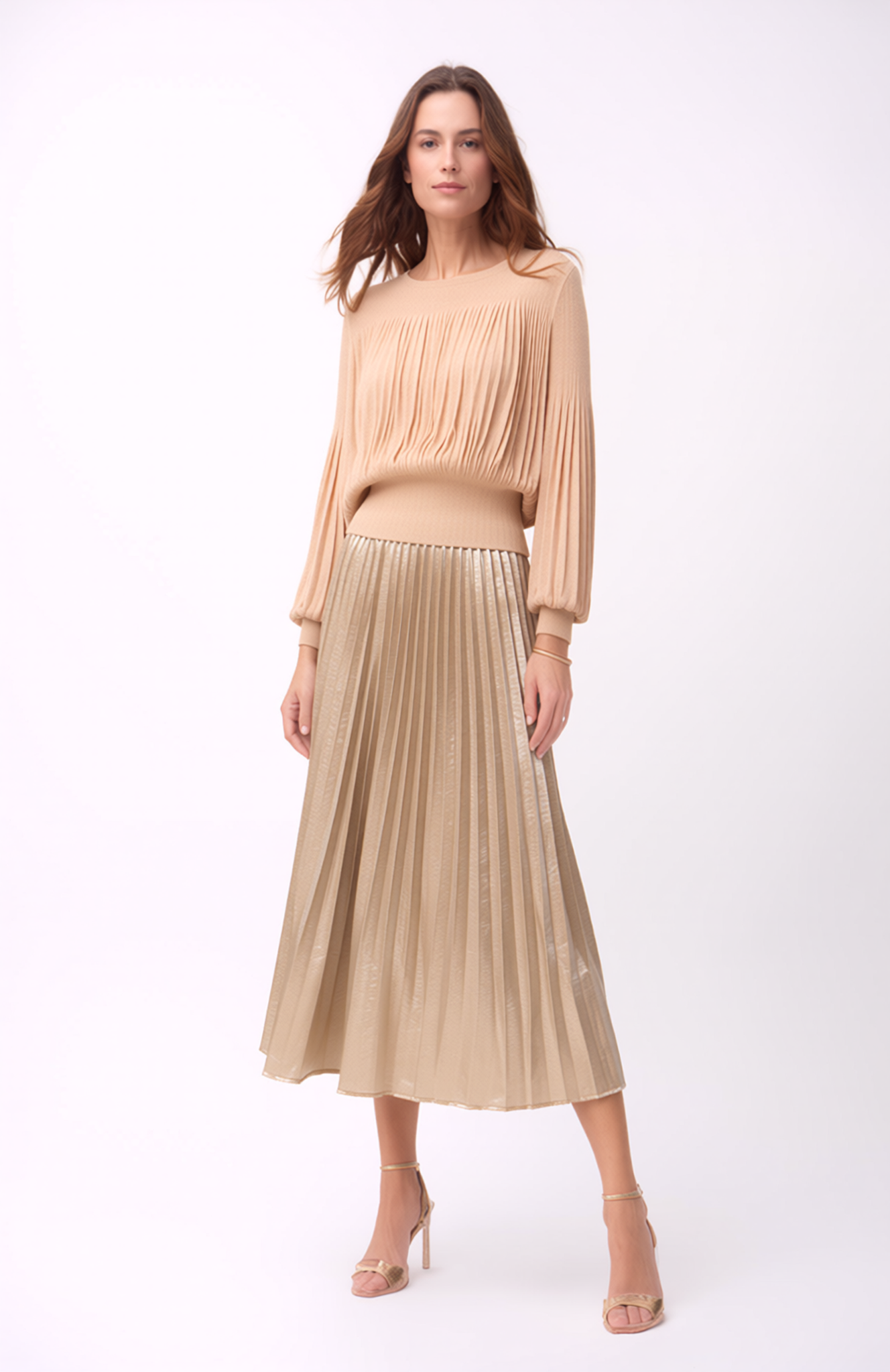 Pleating Long Sleeves Top- Chiffon Flow (Almond)