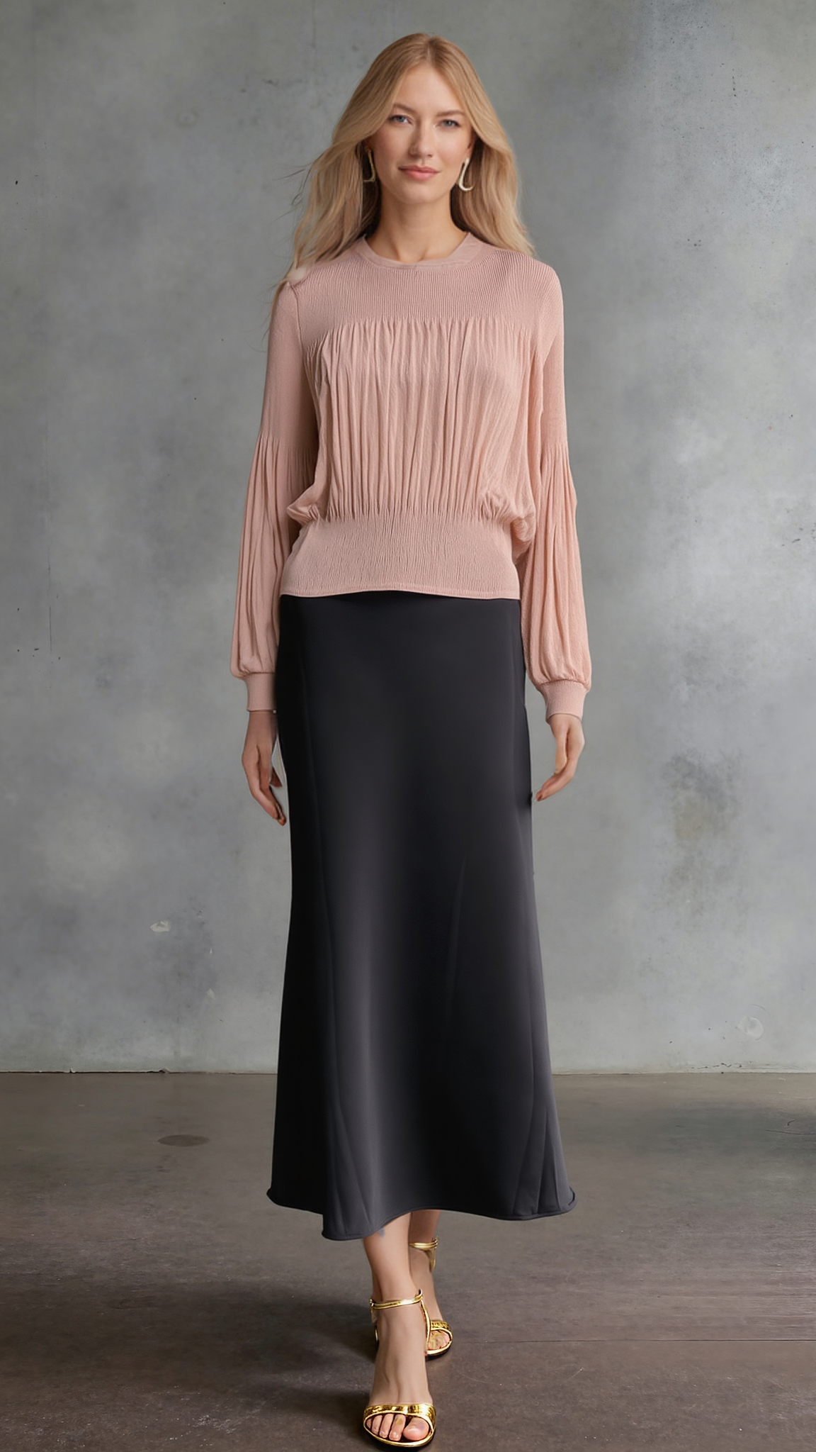 Pleating Long Sleeves Top- Chiffon Flow (Peach)