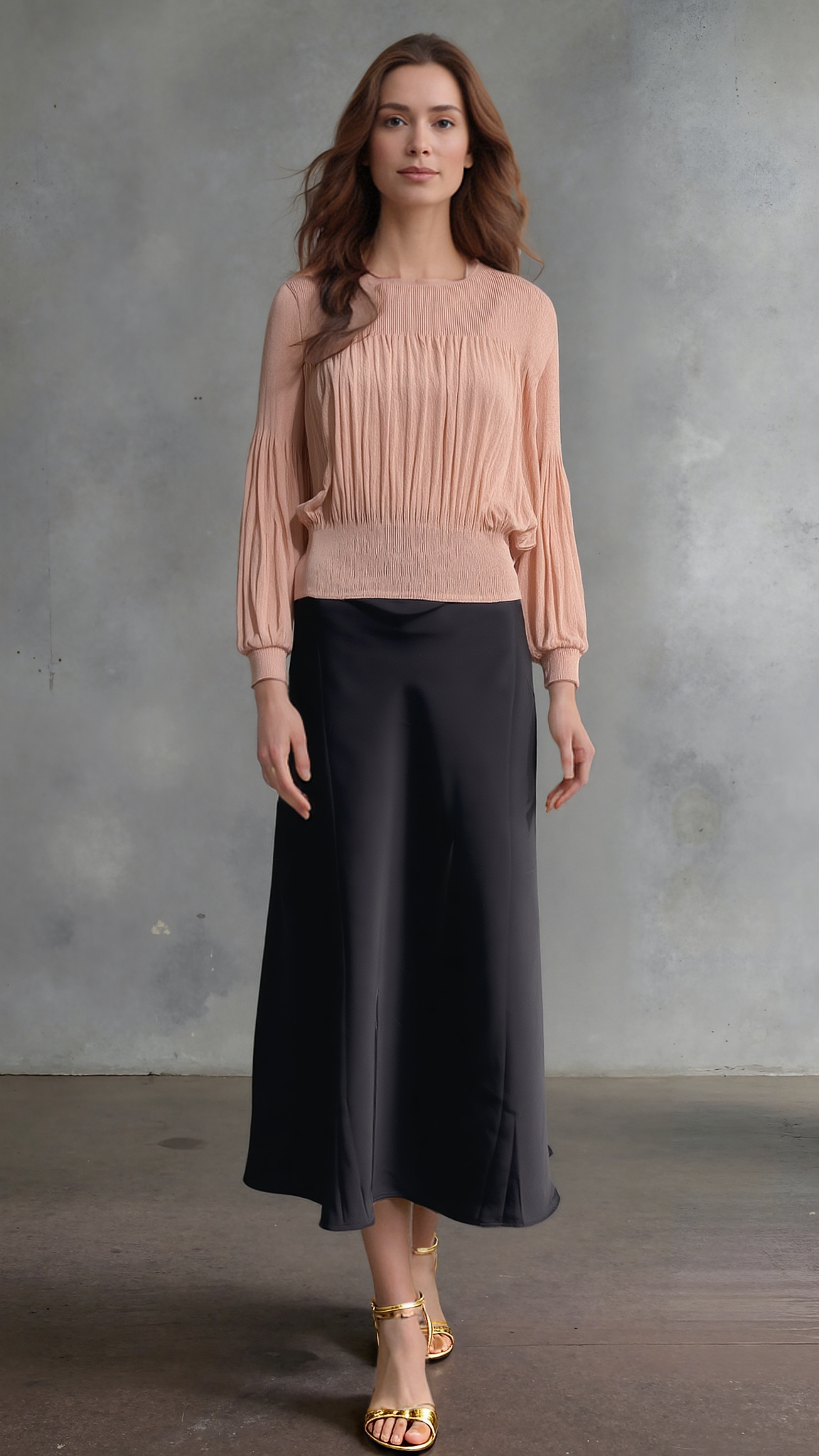 Pleating Long Sleeves Top- Chiffon Flow (Peach)