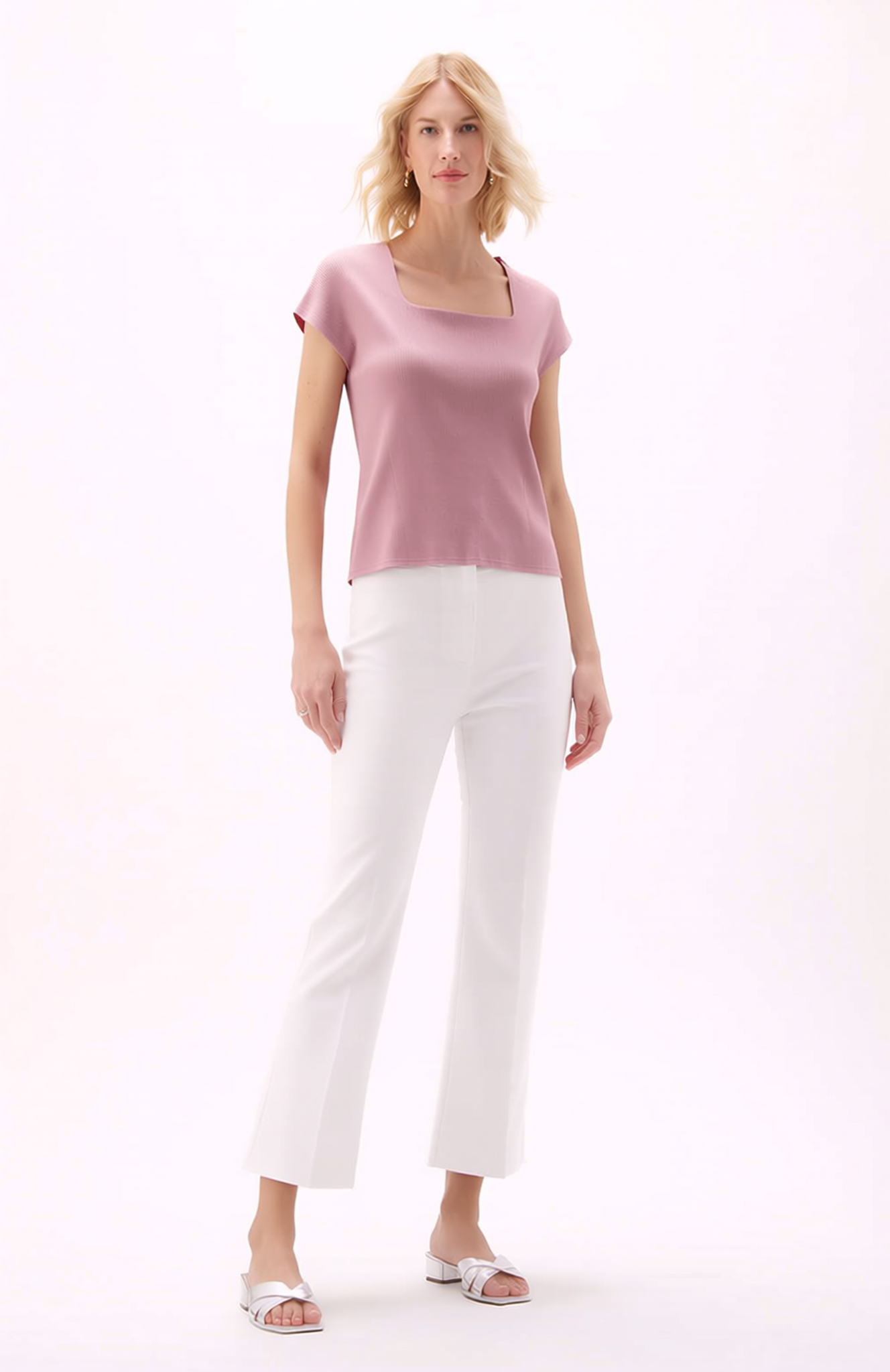 Pleating Short Sleeves Top- Soft Square - Pink