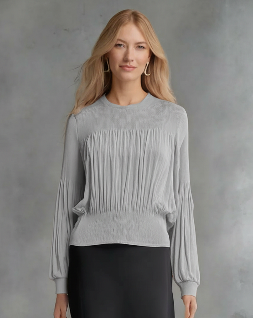 Pleating Long Sleeves Top- Chiffon Flow (Grey)