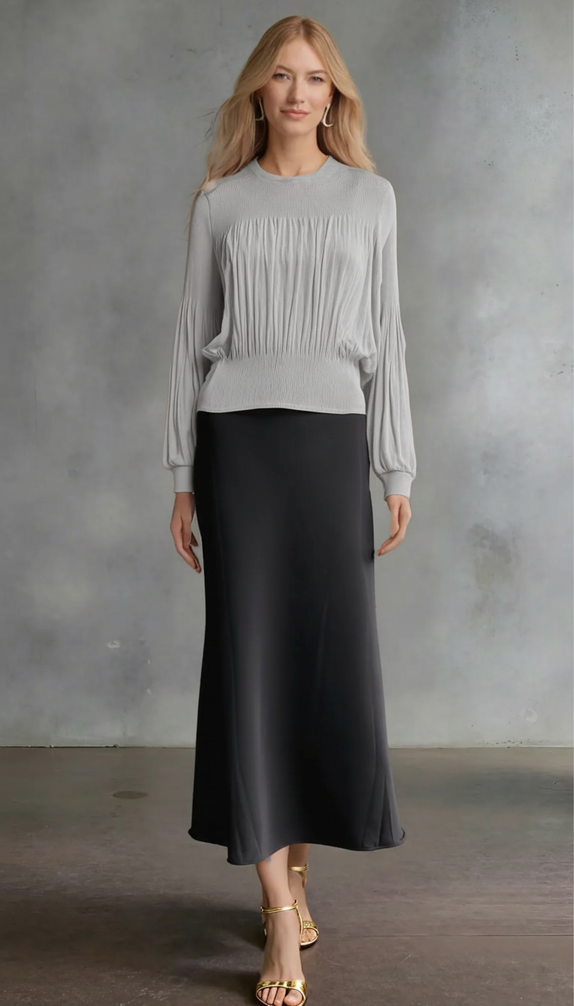 Pleating Long Sleeves Top- Chiffon Flow (Grey)