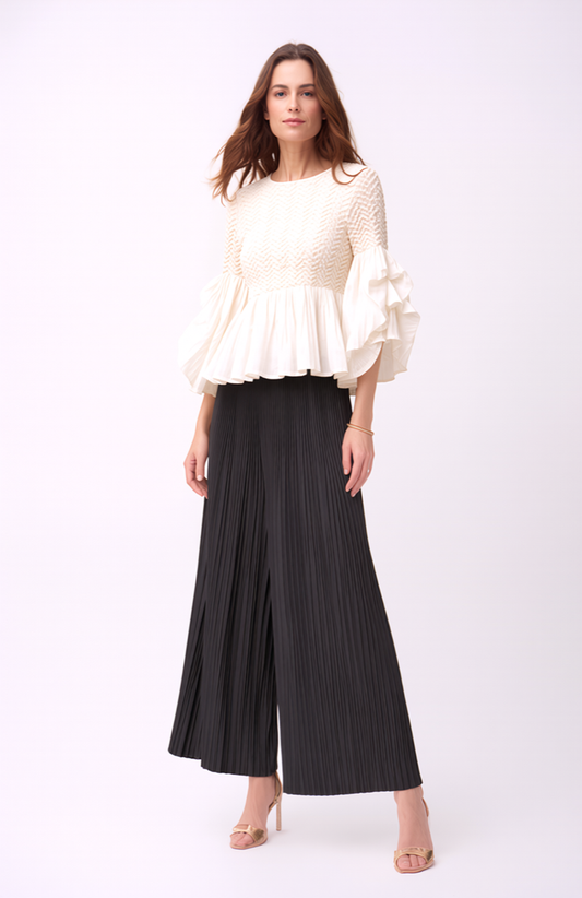 Pleated blouse top with flared sleeves & sweep (White)