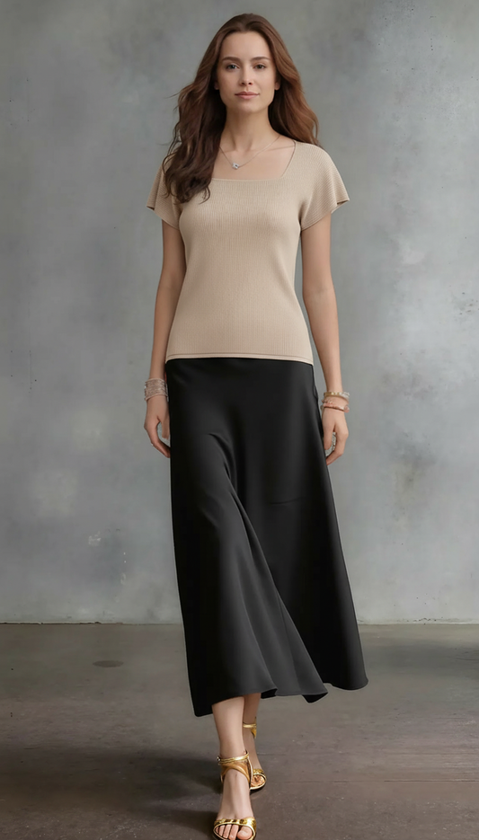 Pleating Short Sleeves Top- Soft Square - Almond