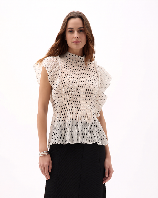 Pleating Ruffle Polka dot Top - White