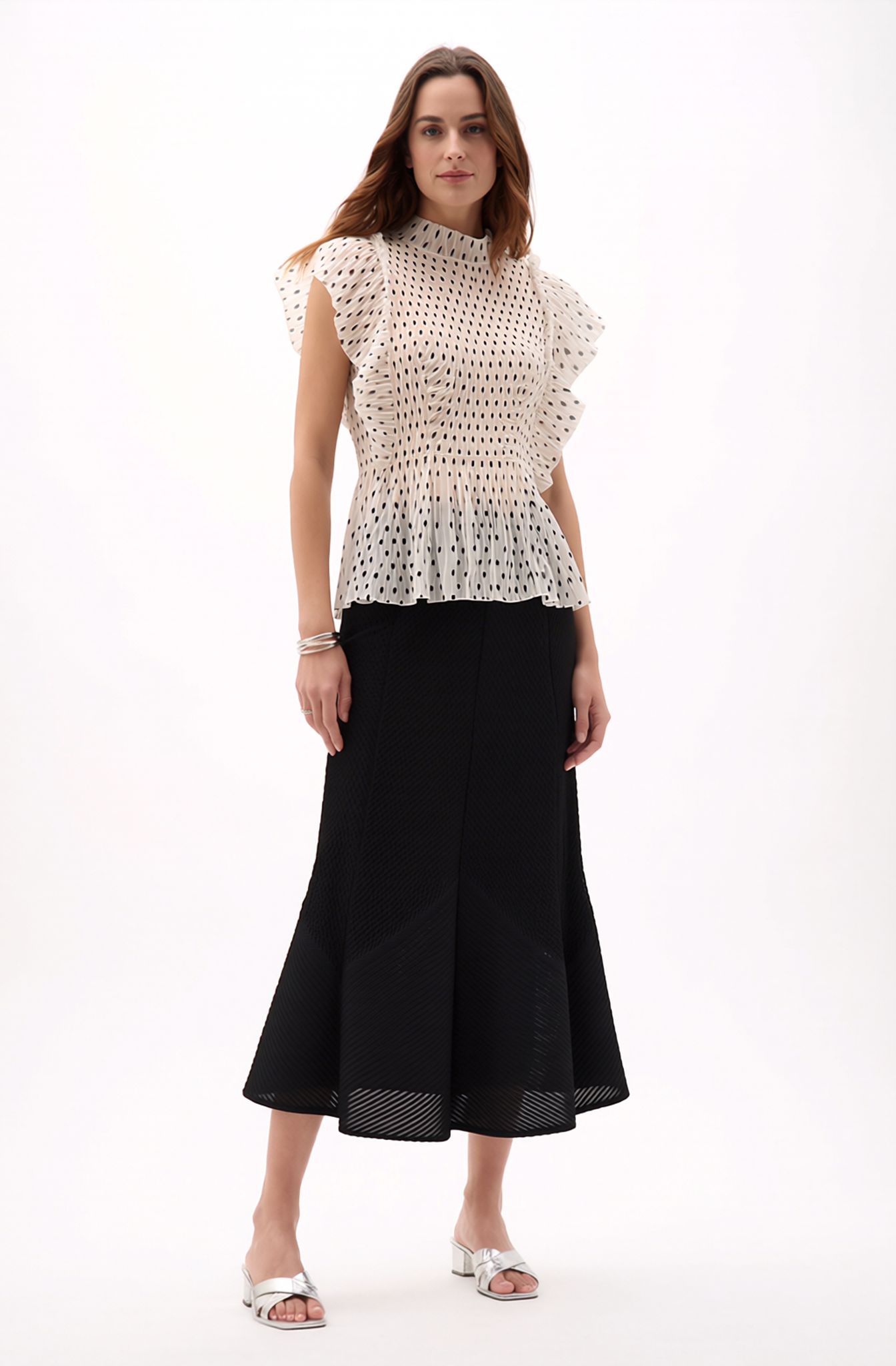 Pleating Ruffle Polka dot Top - White