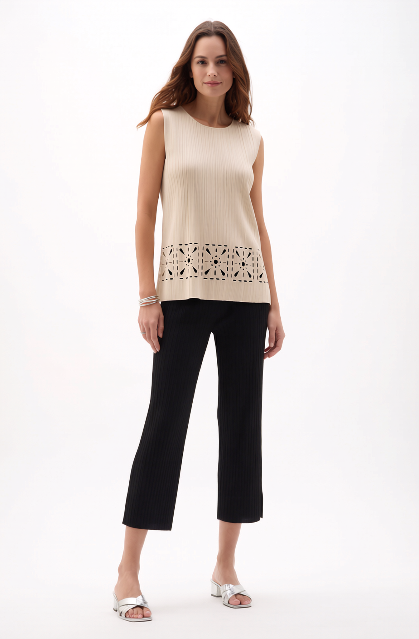 Pleated Cutout sleeveless Top - Cream