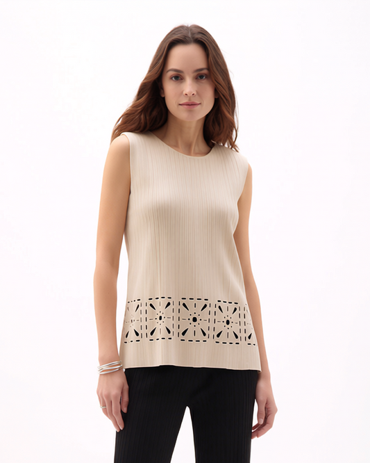 Pleated Cutout sleeveless Top - Cream
