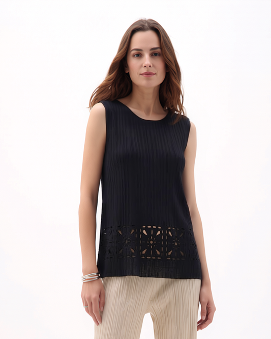 Pleated Cutout sleeveless Top - Black