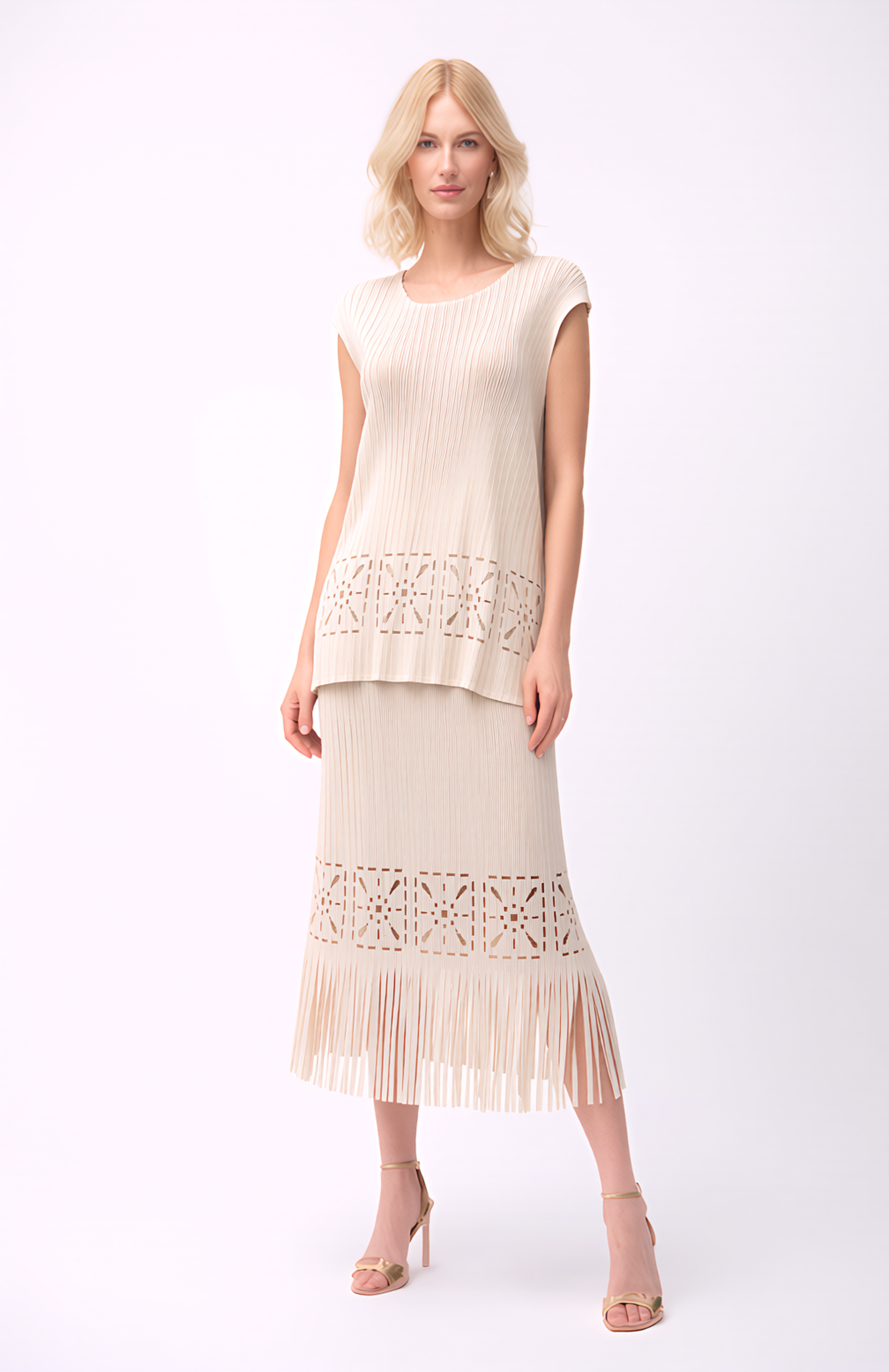 Pleated Cutout sleeveless Top - Cream