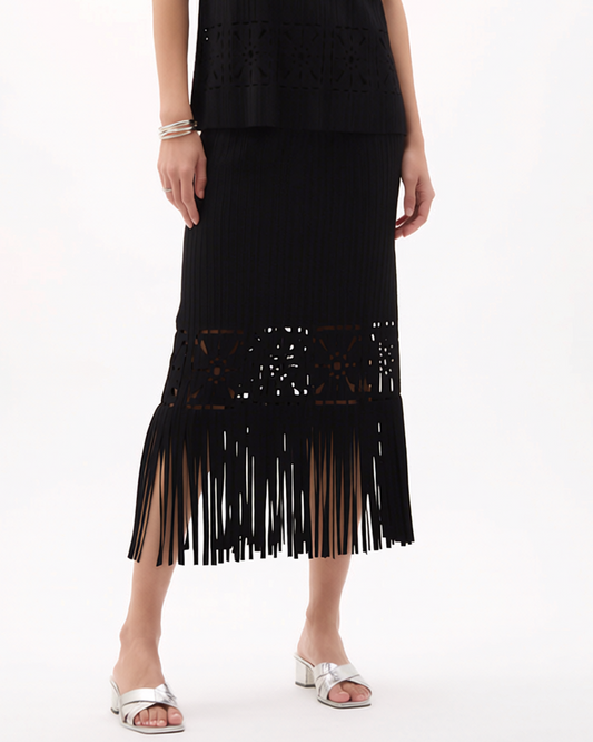 Pleated Cutout Skirt with Fringe - Black