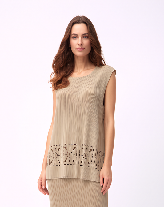 Pleated Cutout sleeveless Top - Sand