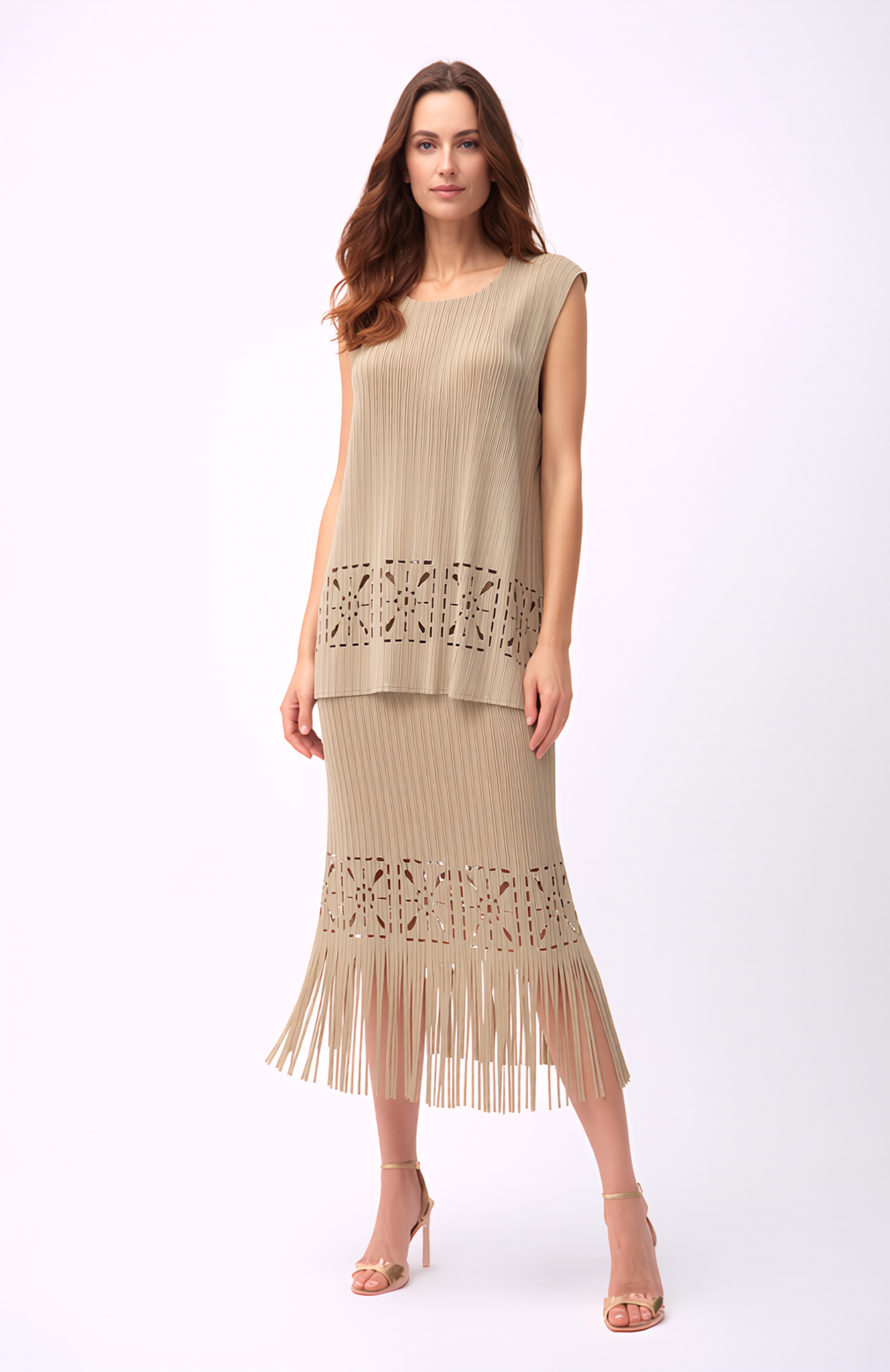 Pleated Cutout Skirt with Fringe - Sand