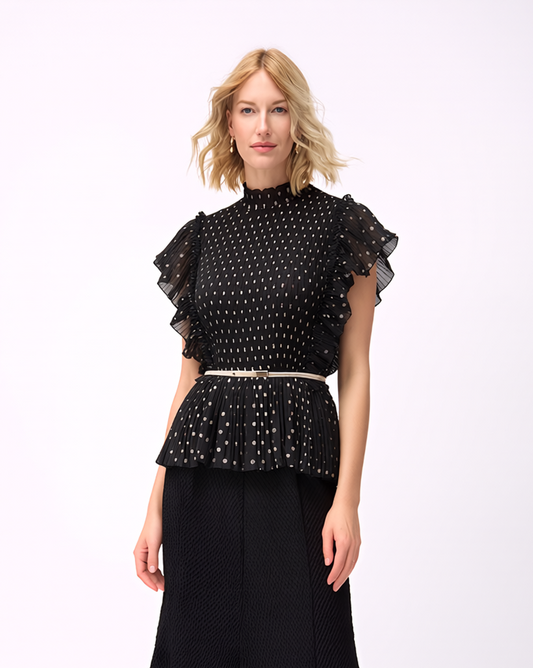Pleating Ruffle Polka dot Top - Black