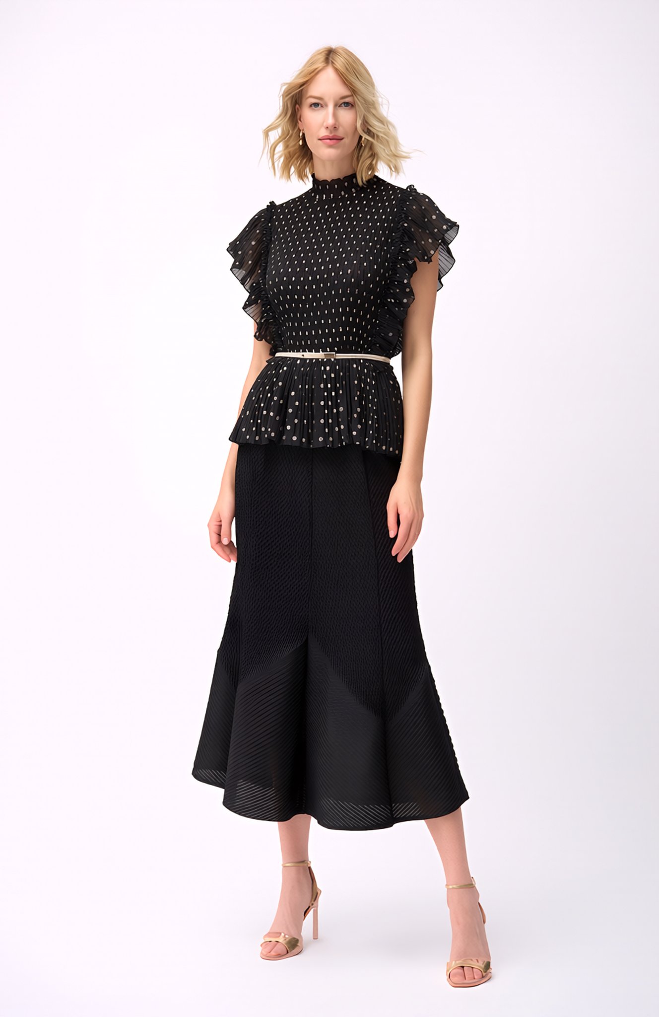 Pleating Ruffle Polka dot Top - Black