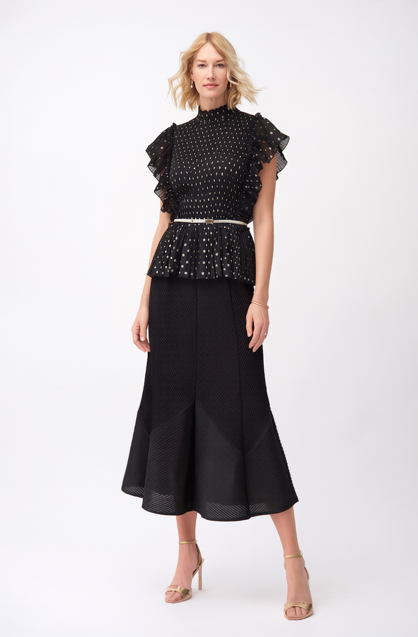 Pleating Ruffle Polka dot Top - Black