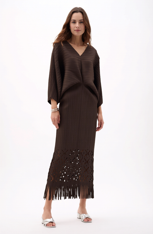 Ellyndale Pleated Cutout Dress with Fringe - Khaki