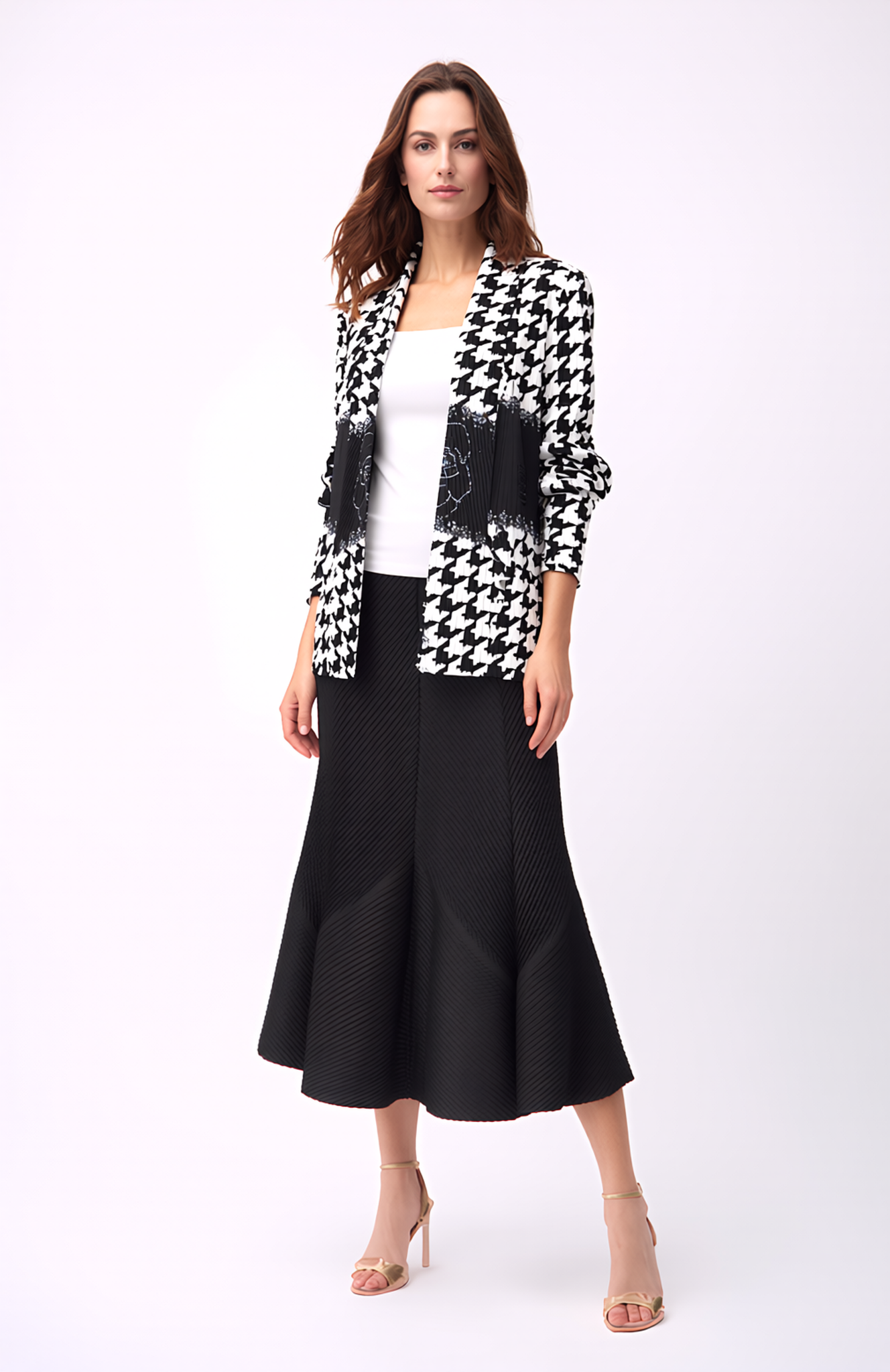 Pleating Jacket- Shawl Collar - Houndstooth