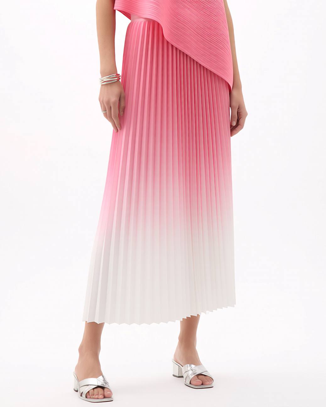 Pleating Sleeveless top & Skirt 2 pc set Ombre- Bloom Pink
