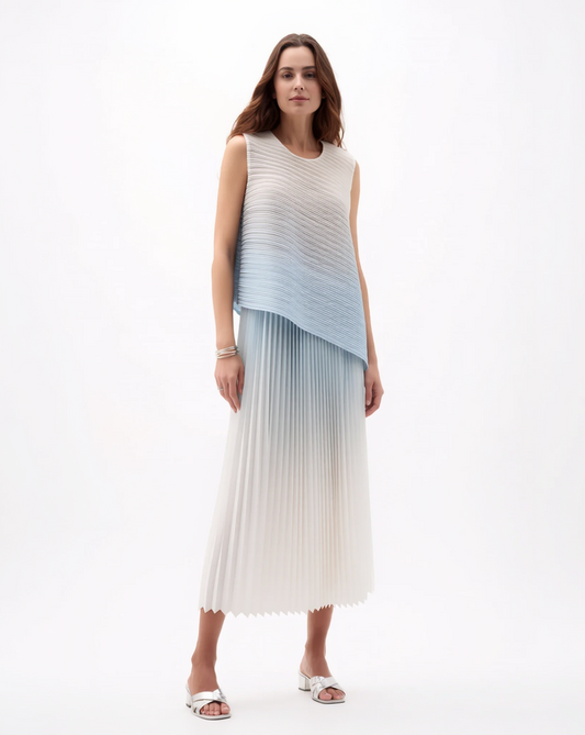 Pleating Sleeveless top & Skirt 2 pc set Ombre - Aqua Haze