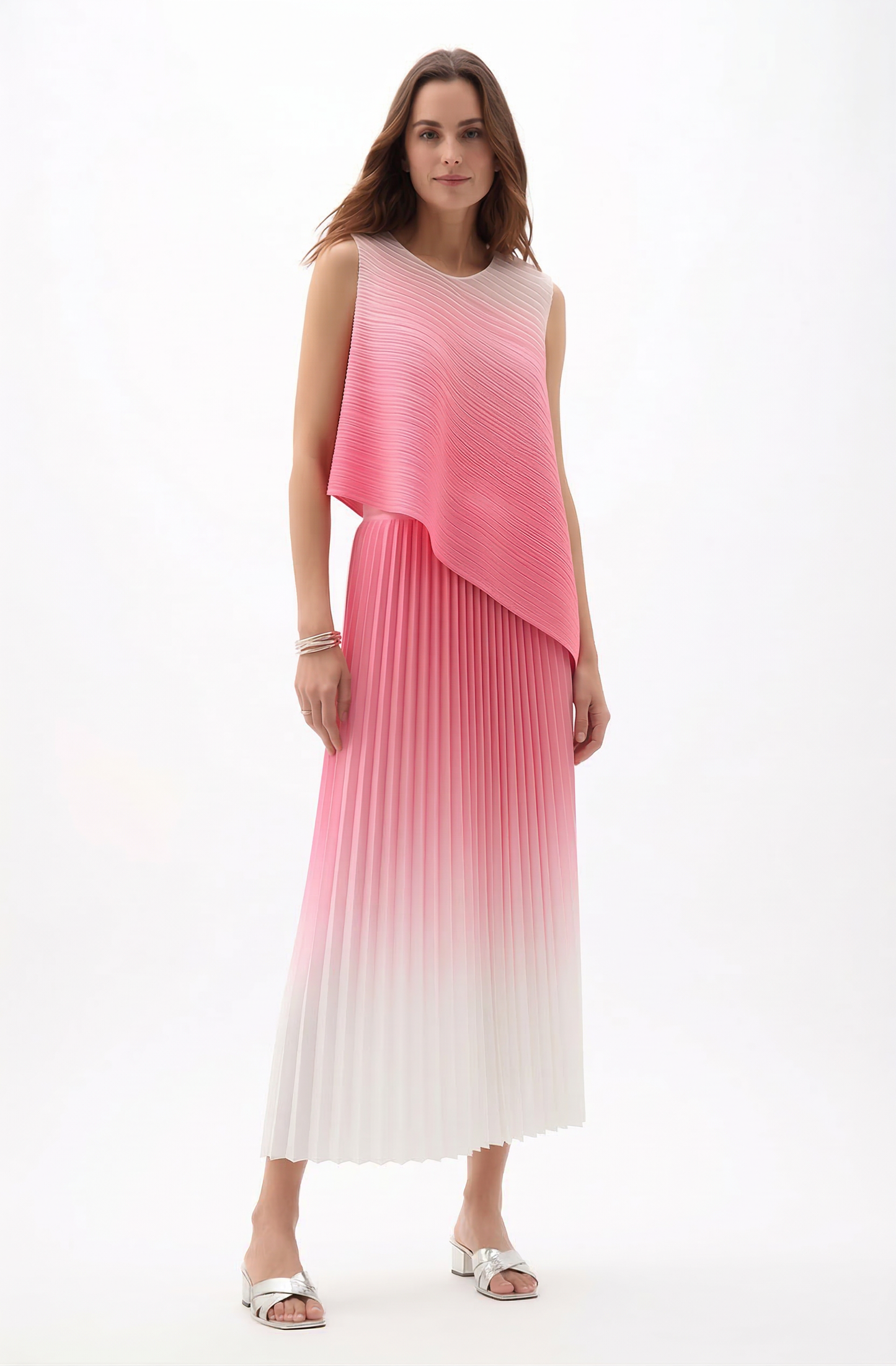 Pleating Sleeveless top & Skirt 2 pc set Ombre- Bloom Pink