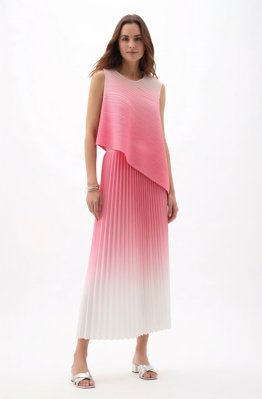 Pleating Sleeveless top & Skirt 2 pc set Ombre- Bloom Pink