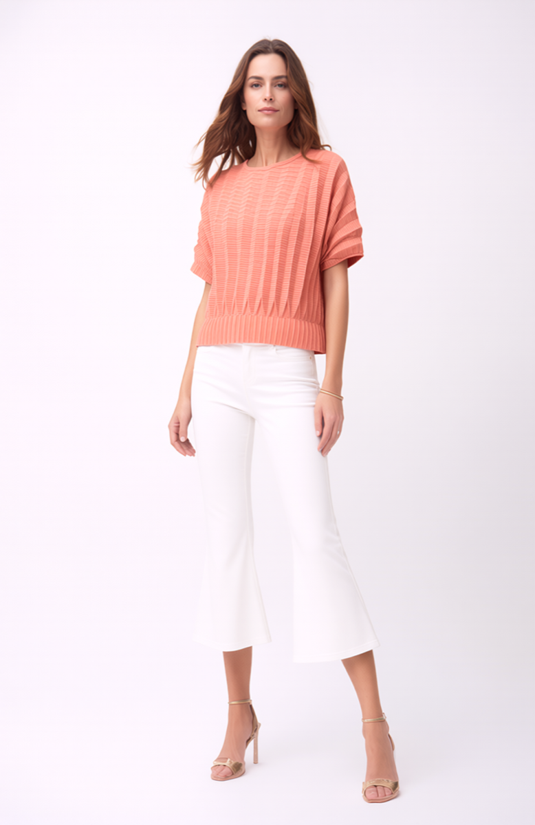 Pleating Short Sleeves Top- Dual Fold - Pink