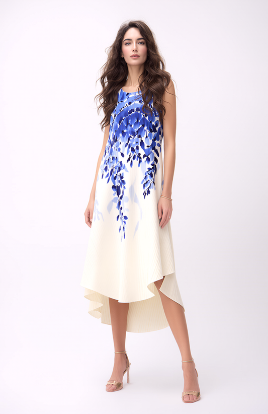 Pleated Sleeveless Dress with prints-White/Blue