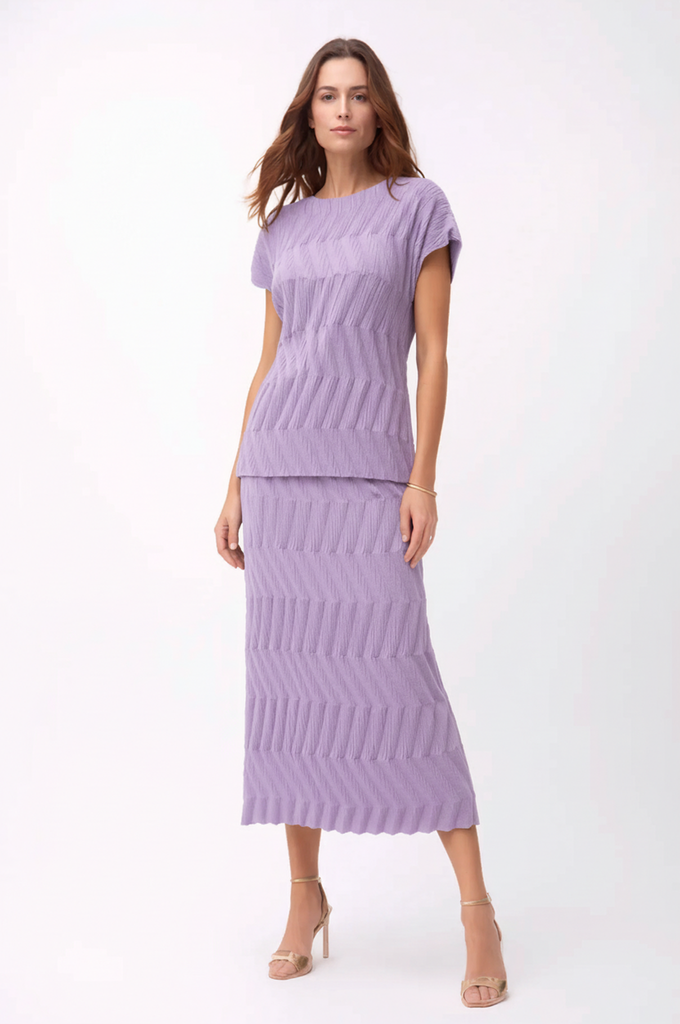Pleating Short Sleeves Skirt- Chevron Ripple - Lilac