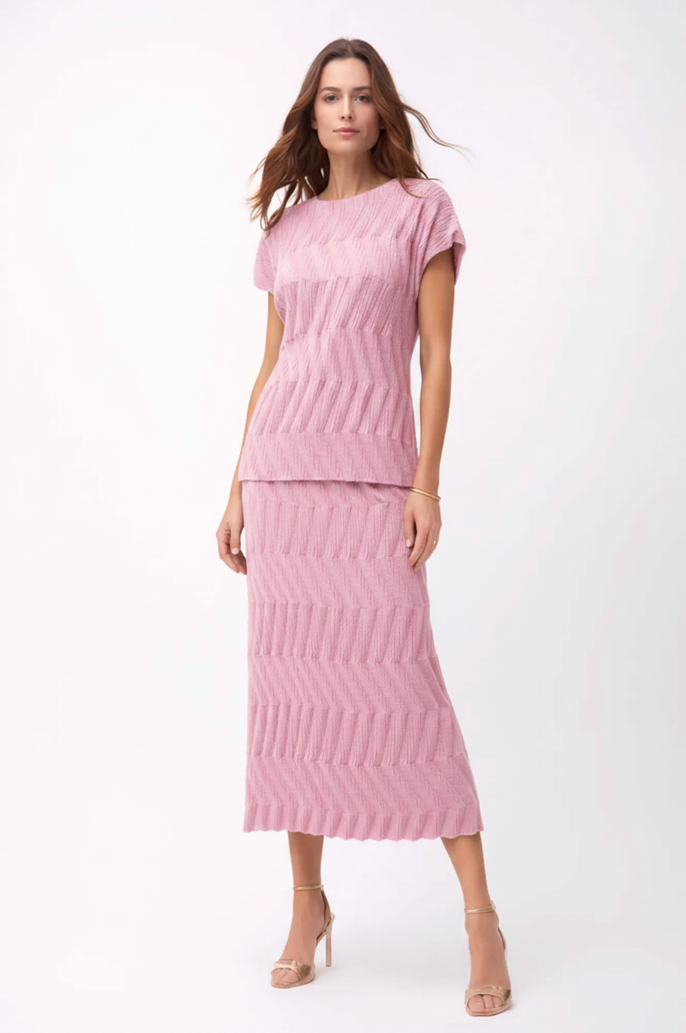 Pleating Short Sleeves Skirt- Chevron Ripple - Pink