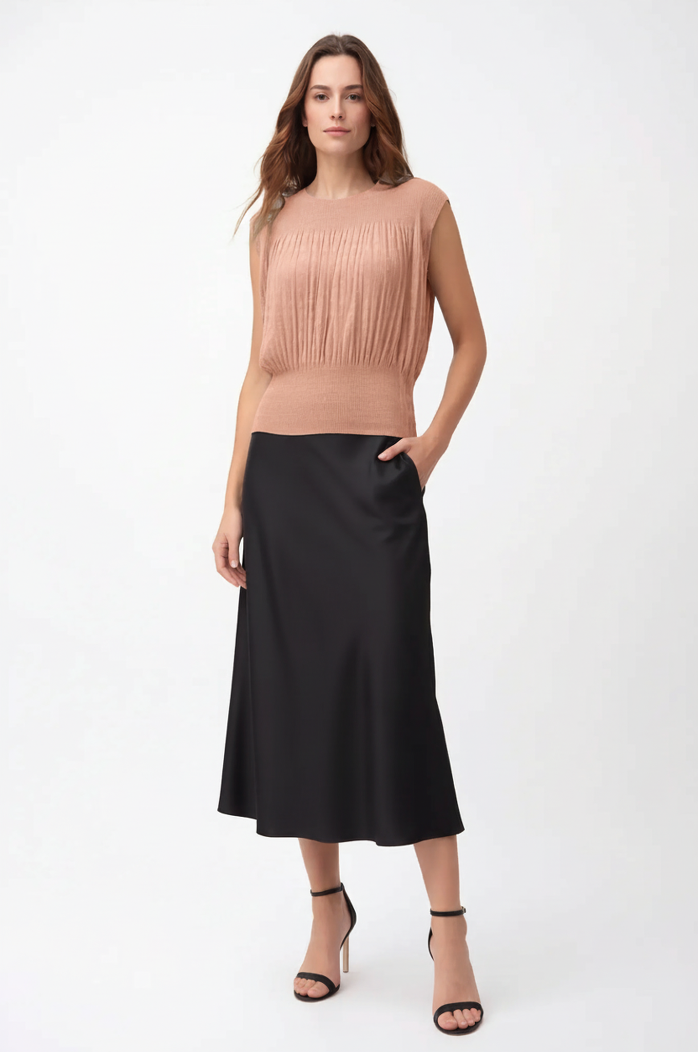 Pleating Sleeveless Top- Chiffon Flow - Peach