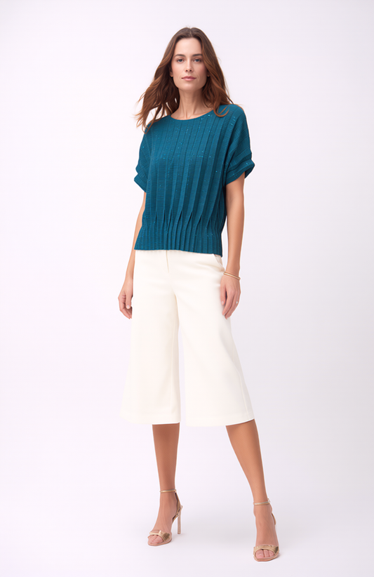 Pleating Short Sleeves Top- Dual Fold - Blue