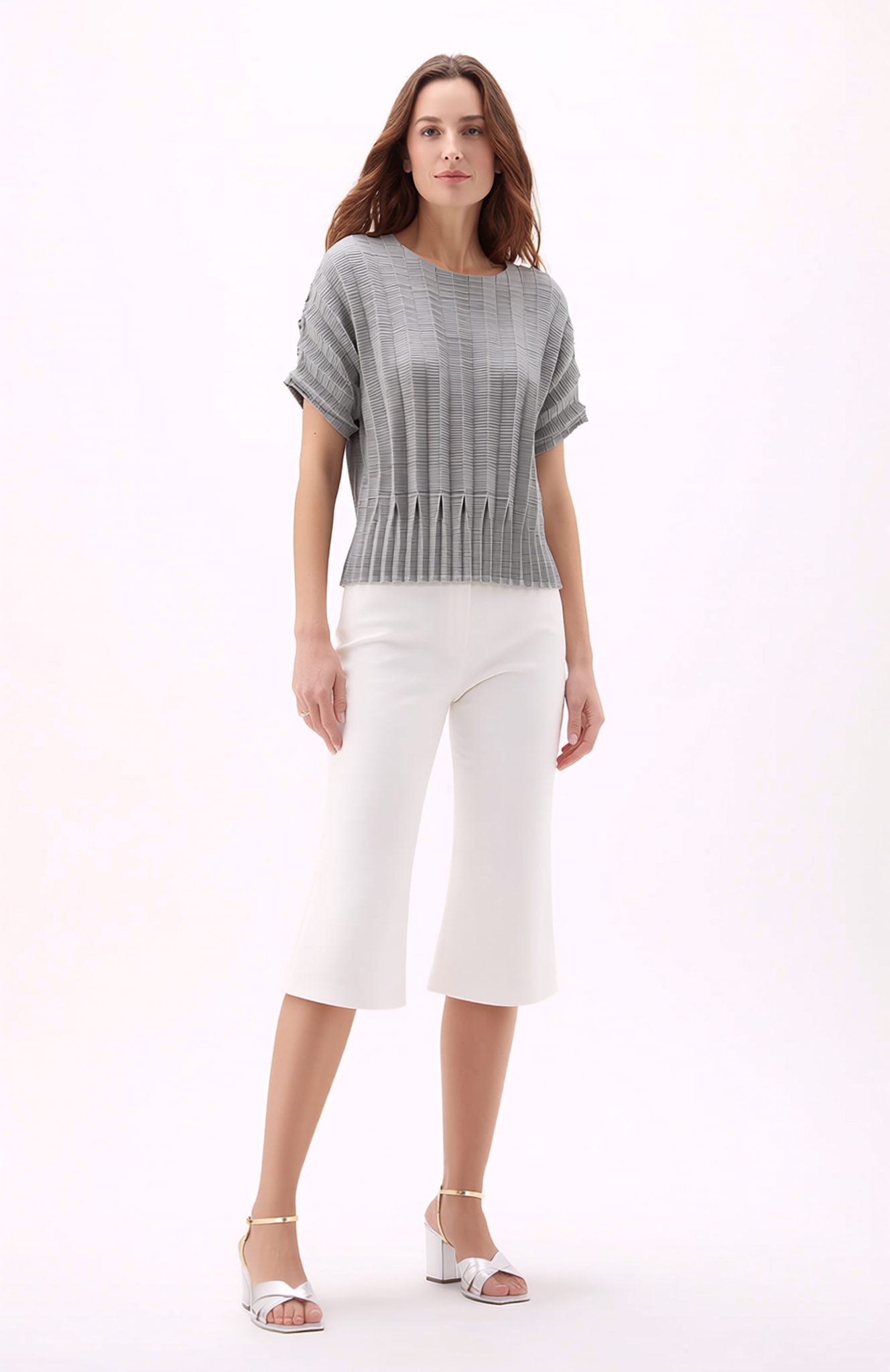 Pleating Short Sleeves Top- Dual Fold - Grey