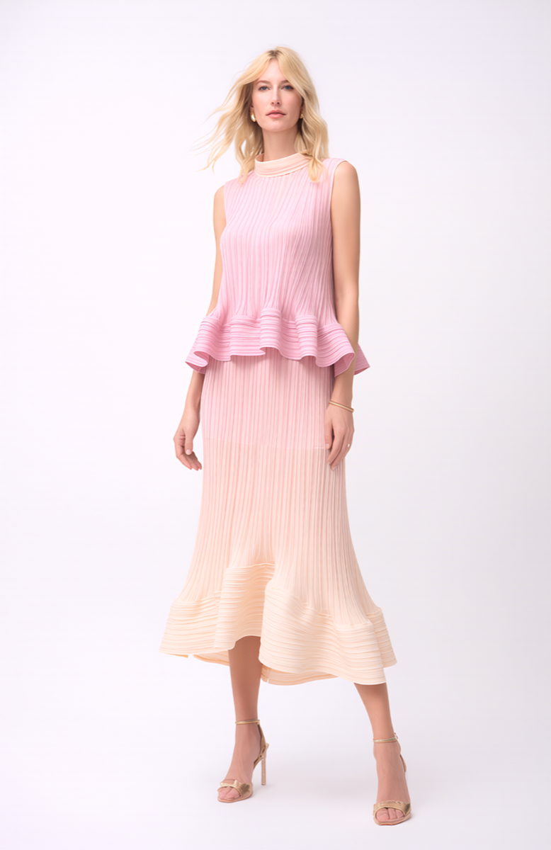 Sculpted Pleated Peplum top & Skirt 2 pc set Ombre- Rose Cloud