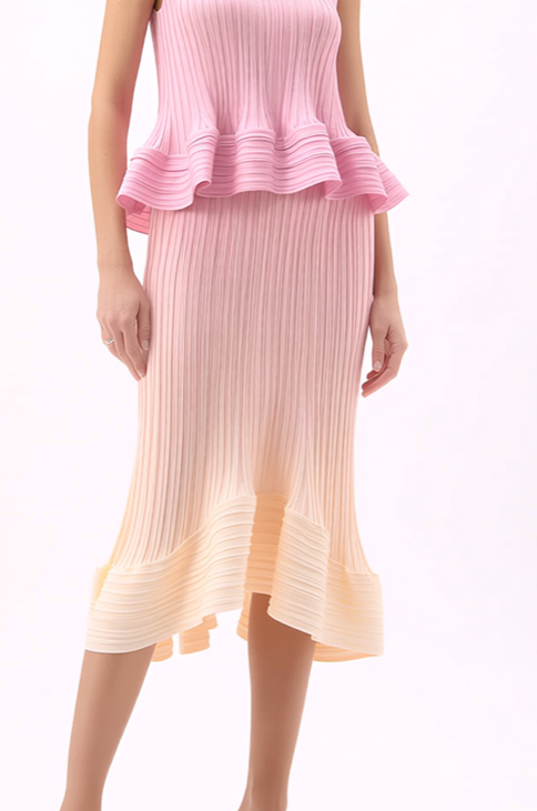 Sculpted Pleated Peplum top & Skirt 2 pc set Ombre- Rose Cloud