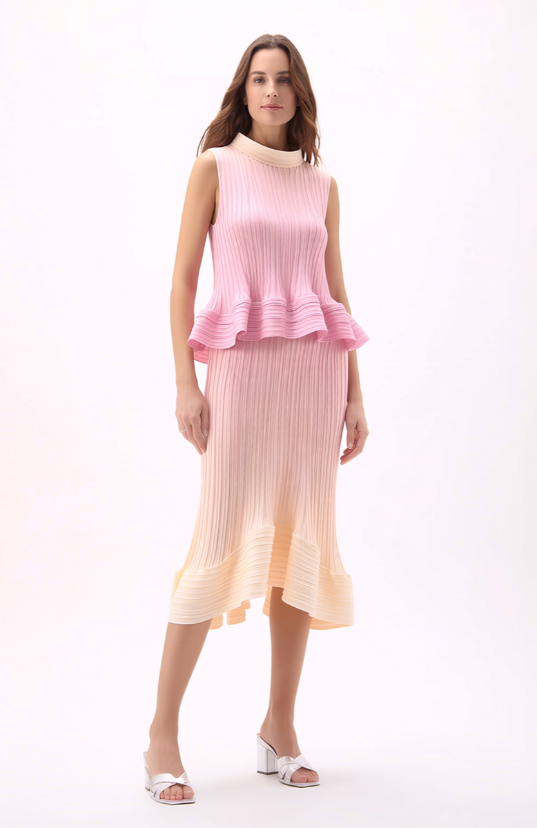 Sculpted Pleated Peplum top & Skirt 2 pc set Ombre- Rose Cloud