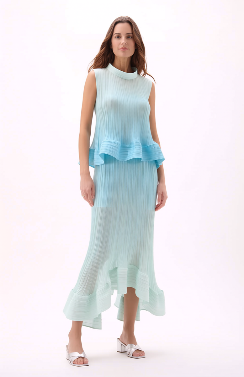 Sculpted Pleated Peplum top & Skirt 2 pc set Ombre- Ocean Breeze