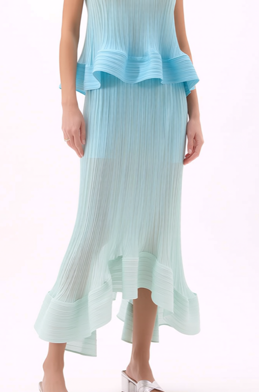 Sculpted Pleated Peplum top & Skirt 2 pc set Ombre- Ocean Breeze