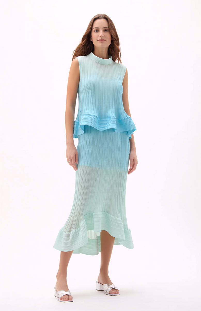 Sculpted Pleated Peplum top & Skirt 2 pc set Ombre- Ocean Breeze