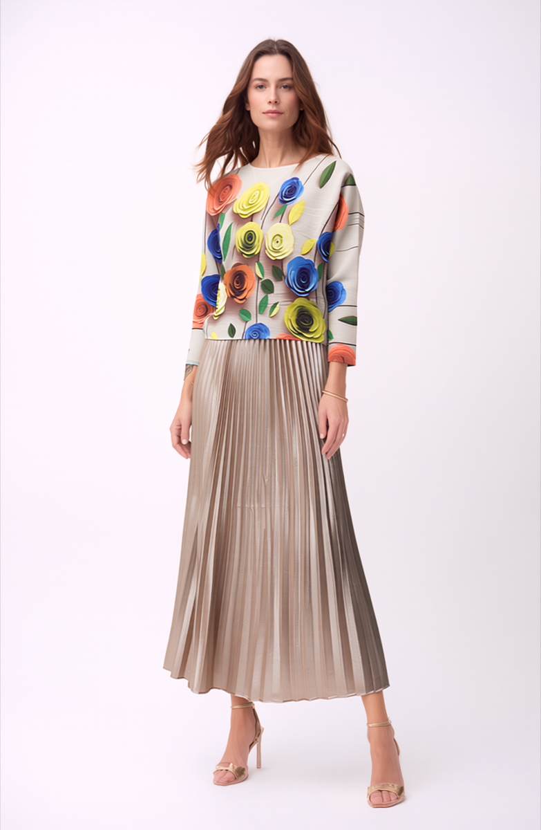 Pleated Rose print Long sleeves Top ( Grey)