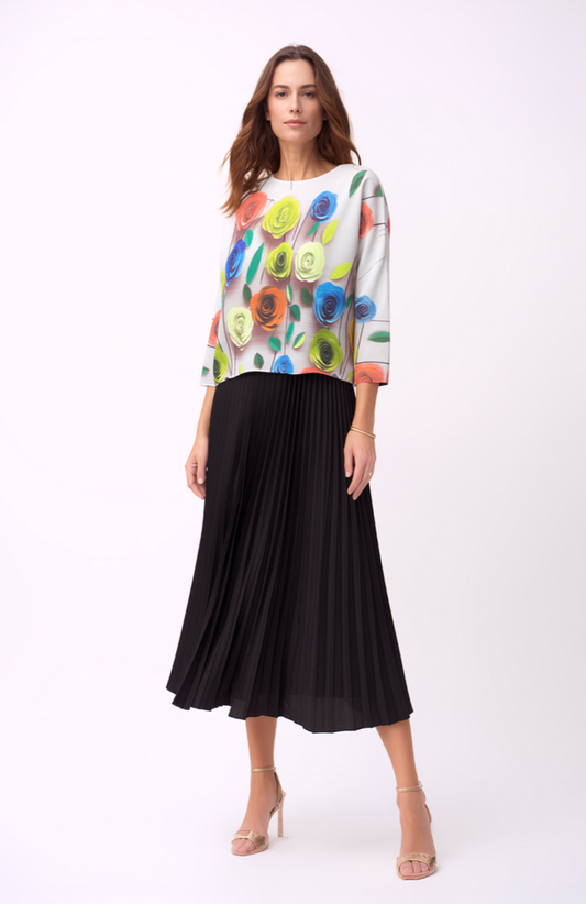 Pleated Rose print Long sleeves Top ( Grey)