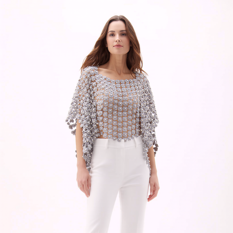 Lace Poncho with all over Pearls attached  (Silver)