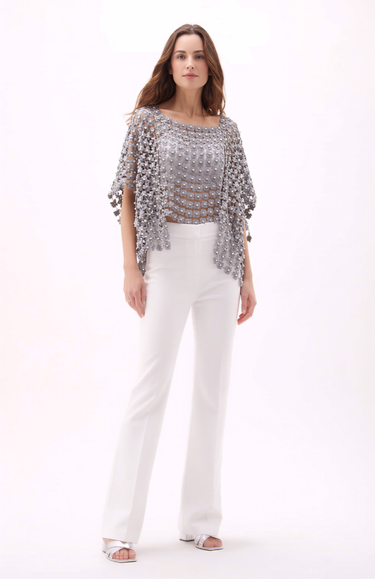 Lace Poncho with all over Pearls attached  (Silver)