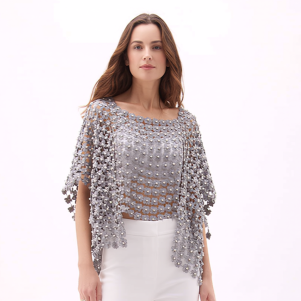 Lace Poncho with all over Pearls attached  (Silver)