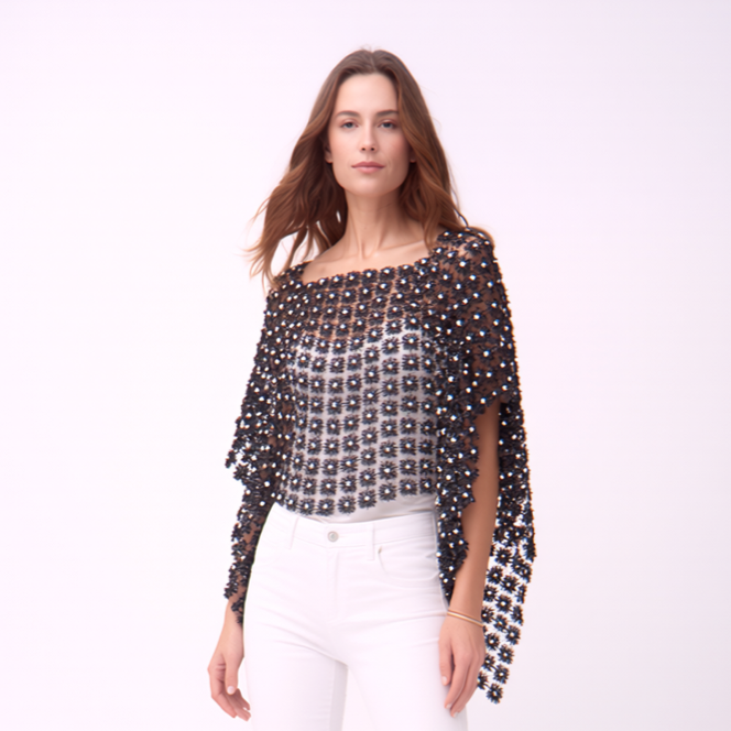 Lace Poncho with all over Pearls attached  (Black)