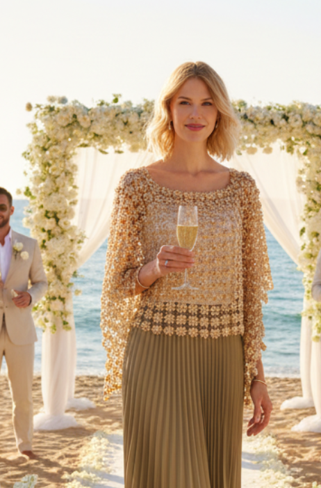 Lace Poncho with all over Pearls attached  (Champagne)