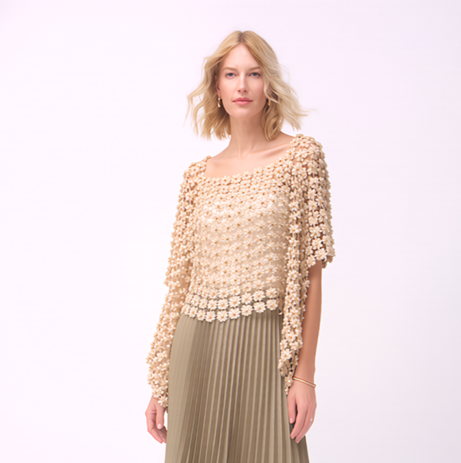 Lace Poncho with all over Pearls attached  (Champagne)